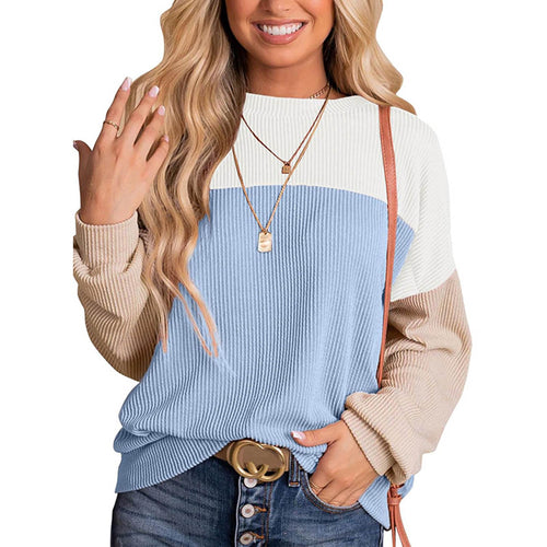 Women’s Colour Block Long Sleeve Crewneck Knitted Casual Pullover Tops