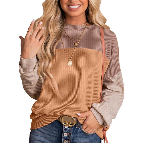 Women’s Colour Block Long Sleeve Crewneck Knitted Casual Pullover Tops