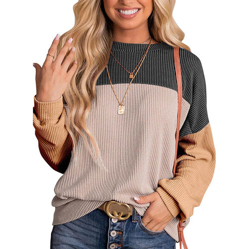 Women’s Colour Block Long Sleeve Crewneck Knitted Casual Pullover Tops