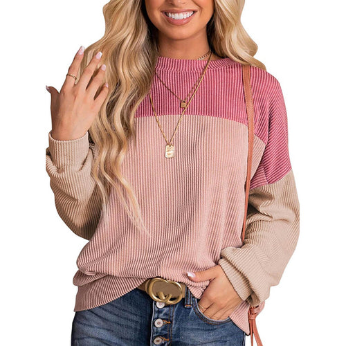 Women’s Colour Block Long Sleeve Crewneck Knitted Casual Pullover Tops
