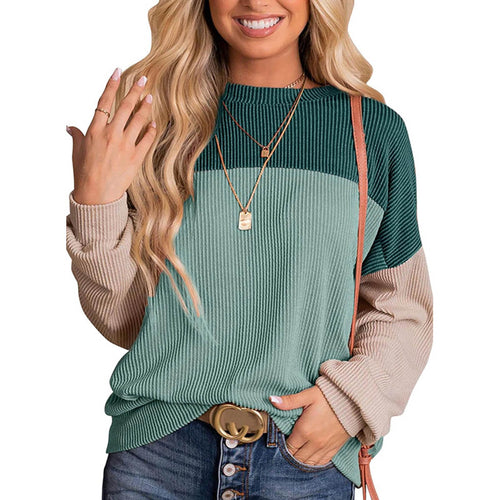 Women’s Colour Block Long Sleeve Crewneck Knitted Casual Pullover Tops